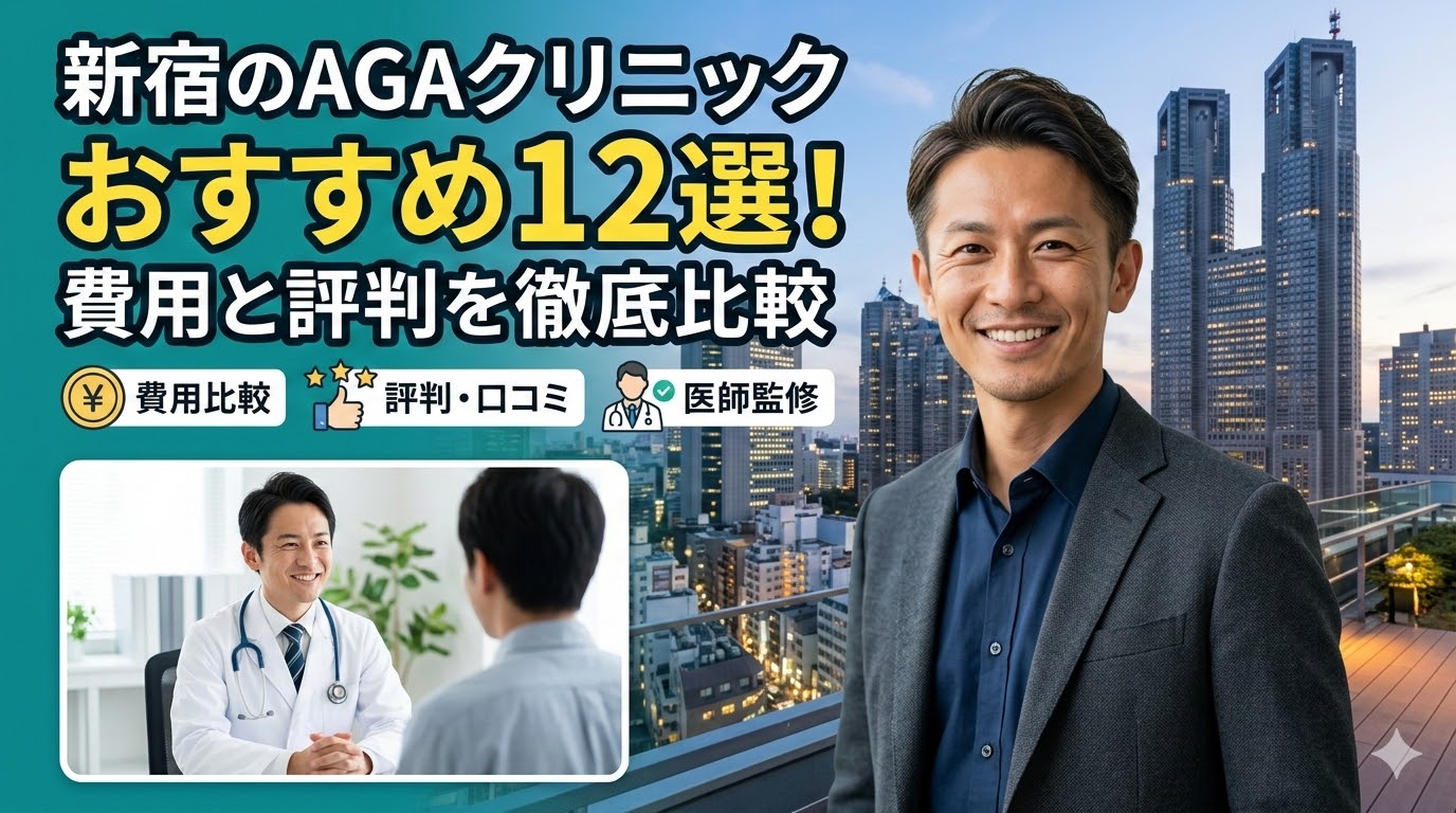 「新宿のAGAクリニックおすすめ12選！費用と評判を徹底比較」の文字と、スーツ姿の男性、医師の診察風景、新宿のビル群が描かれたアイキャッチ画像
