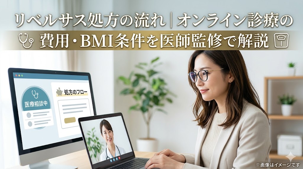 リベルサス処方の流れやオンライン診療の費用、BMI条件を解説する記事のアイキャッチ画像。パソコンで診察を受ける女性のイメージ。