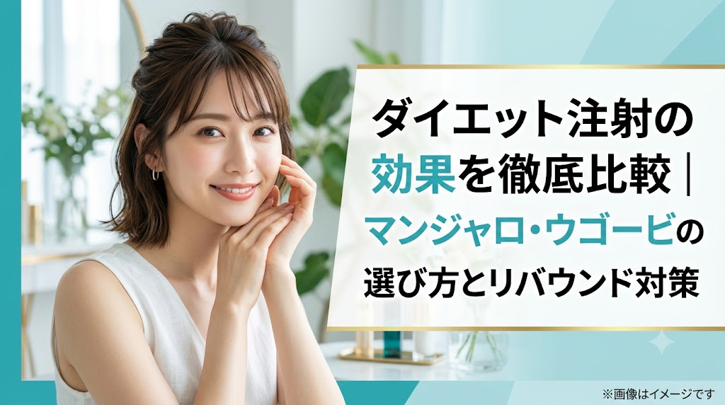 笑顔の女性のポートレートと「ダイエット注射の効果を徹底比較|マンジャロ・ウゴービの選び方とリバウンド対策」というタイトルテキストが書かれたアイキャッチ画像。