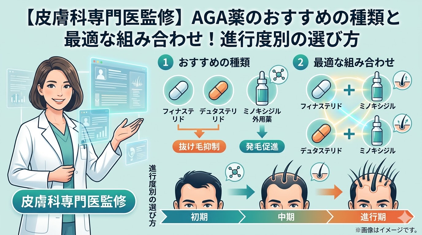 【皮膚科専門医監修】AGA薬のおすすめの種類と最適な組み合わせ！進行度別の選び方