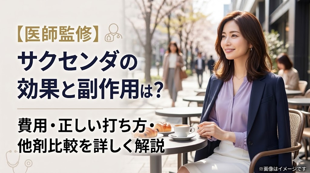 【医師監修】サクセンダの効果と副作用、費用、正しい打ち方、他剤比較の解説記事のアイキャッチ画像（カフェに座る女性のイラスト）