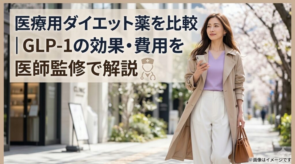 「医療用ダイエット薬を比較｜GLP-1の効果・費用を医師監修で解説」の文字と、桜並木を歩く女性のアイキャッチ画像