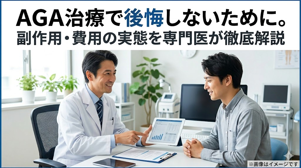 「AGA治療で後悔しないために。副作用・費用の実態を専門医が徹底解説」という文字が入ったアイキャッチ画像。明るい診察室で、白衣を着た医師がタブレットの画面を指しながら、男性患者に笑顔で説明している様子が描かれています。