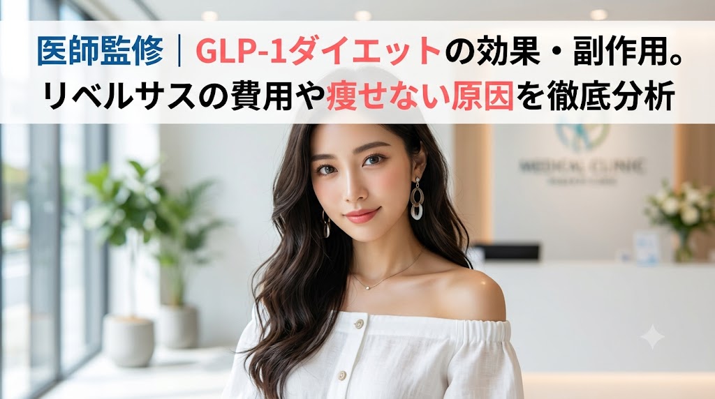 医師監修のGLP-1ダイエットに関する記事のアイキャッチ画像。「GLP-1ダイエットの効果・副作用。リベルサスの費用や痩せない原因を徹底分析」の文字と女性のイラスト。