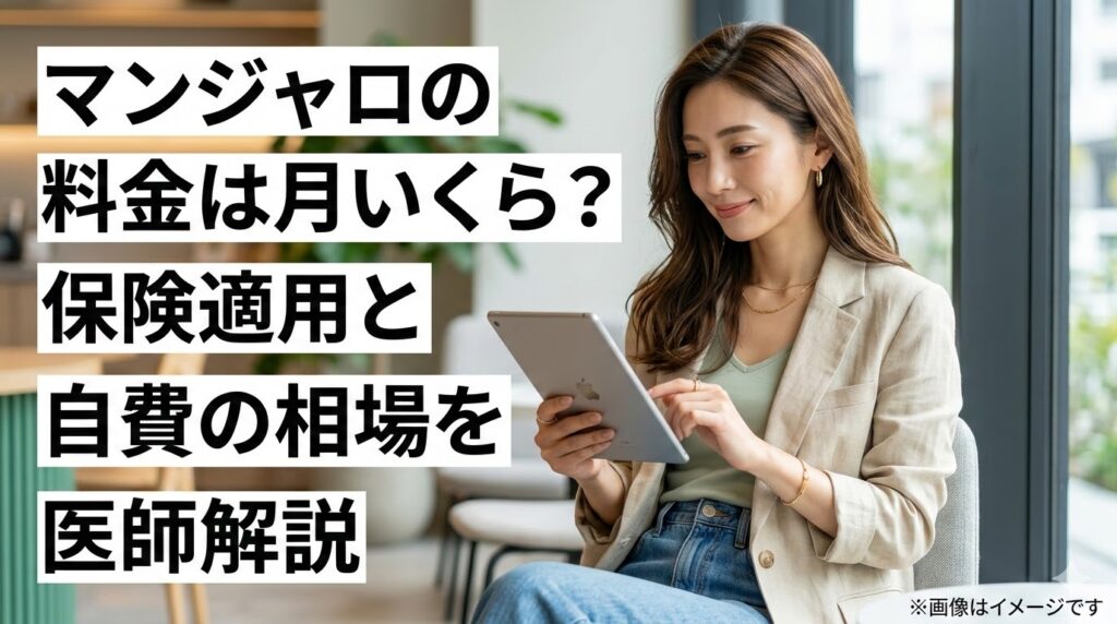 「マンジャロの料金は月いくら？保険適用と自費の相場を医師解説」という文字と、タブレットを操作する女性のイメージ画像