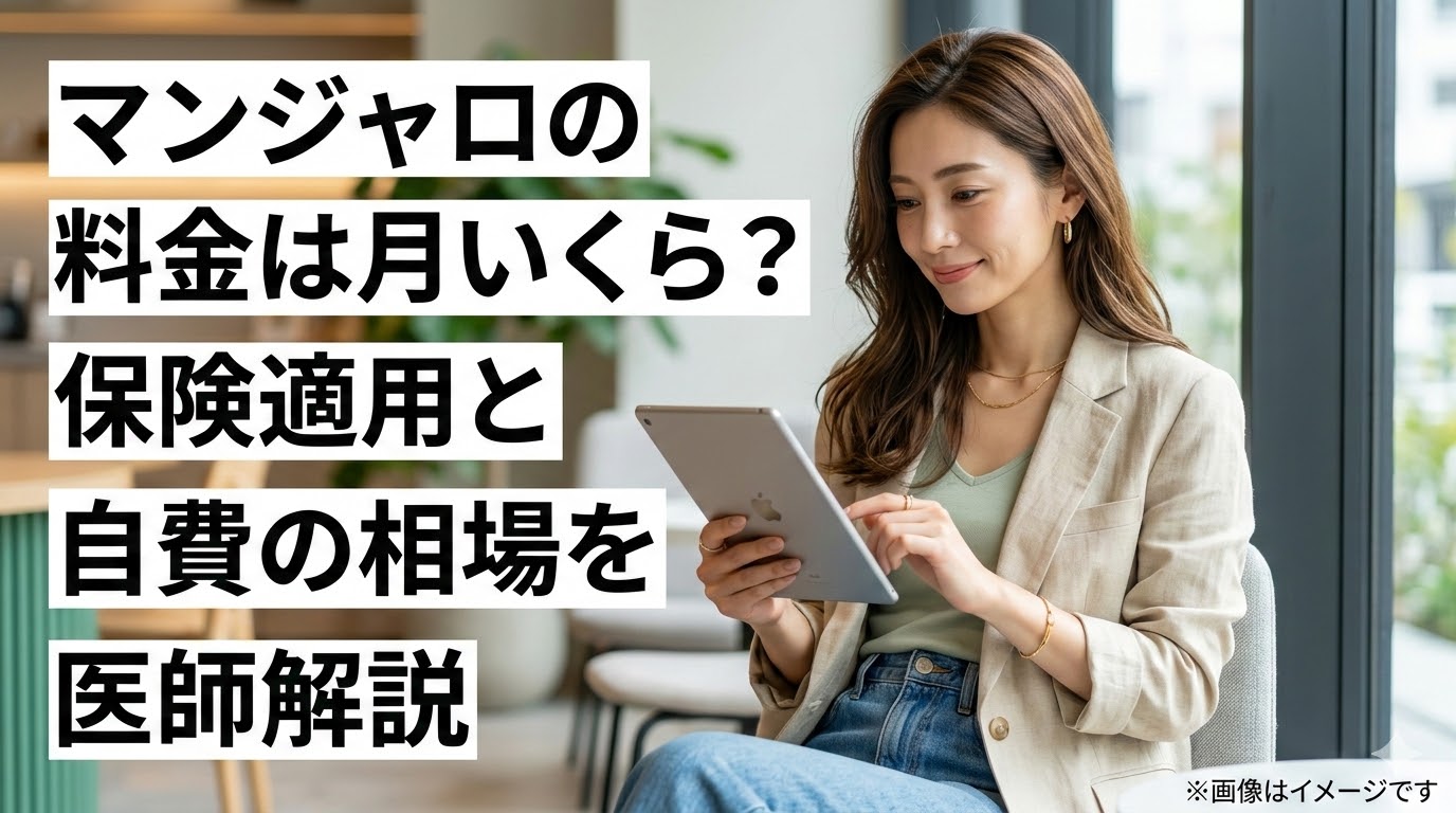 「マンジャロの料金は月いくら?保険適用と自費の相場を医師解説」という文字と、タブレットを操作する女性のイメージ画像