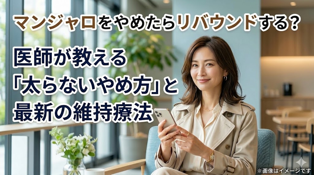 「マンジャロをやめたらリバウンドする？医師が教える『太らないやめ方』と最新の維持療法」の文字と、スマートフォンを持つ女性のアイキャッチ画像