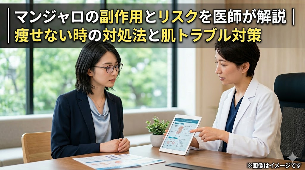 マンジャロの副作用とリスクを医師が解説｜痩せない時の対処法と肌トラブル対策。白衣を着た女性医師がタブレットを使って女性に説明しているイメージ画像。