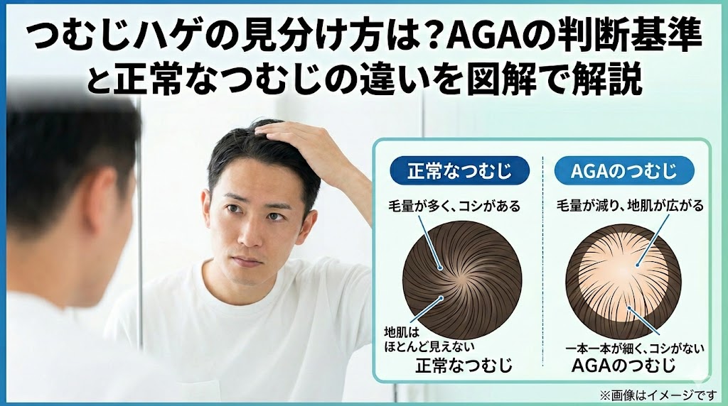 つむじハゲの見分け方とAGAの判断基準を解説するアイキャッチ画像。鏡を見る男性と、正常なつむじ・AGAのつむじの比較イラスト。