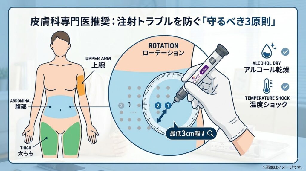 マンジャロの正しい注射部位(腹部・太もも・上腕)と皮膚トラブルを防ぐローテーション法