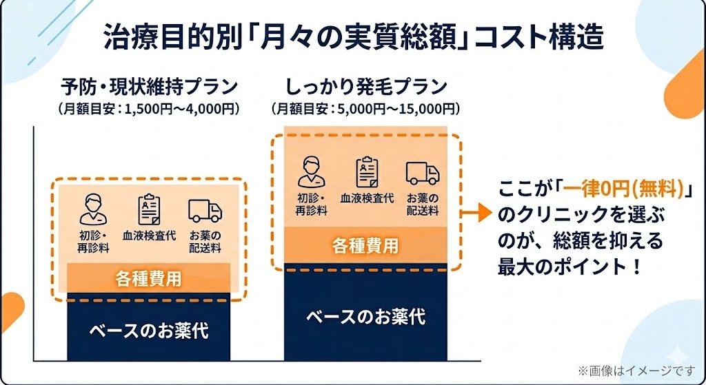 治療目的別「月々の実質総額」コスト構造の解説図。予防・現状維持プラン(月額目安1,500円〜4,000円)としっかり発毛プラン(月額目安5,000円〜15,000円)の比較。ベースのお薬代に加えてかかる「初診・再診料」「血液検査代」「お薬の配送料」などの各種費用について、「ここが『一律0円(無料)』のクリニックを選ぶのが、総額を抑える最大のポイント!」と強調しています。