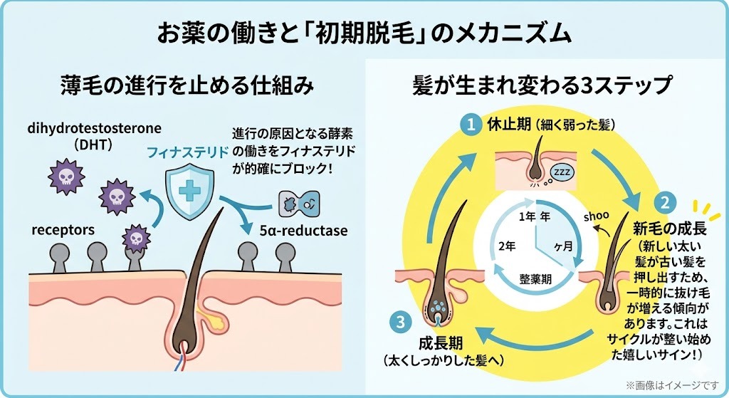 お薬の働きと「初期脱毛」のメカニズムの解説図。左側は「薄毛の進行を止める仕組み」として、フィナステリドが進行原因となる酵素「5α-reductase」の働きをブロックしDHTの発生を抑える図。右側は「髪が生まれ変わる3ステップ」として、①休止期から②新毛の成長(新しい太い髪が古い髪を押し出すため一時的に抜け毛が増える初期脱毛の傾向)、③成長期へと移行するヘアサイクルを説明しています。