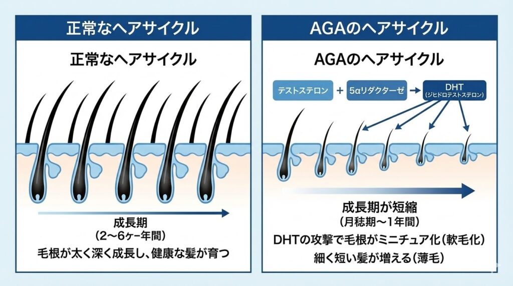 AGA（男性型脱毛症）の発症メカニズムとヘアサイクルの乱れを解説する図解