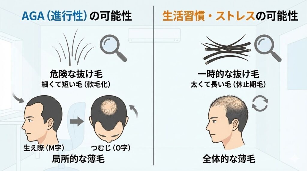 20代の薄毛セルフチェック表。AGAと生活習慣による抜け毛の違いを比較