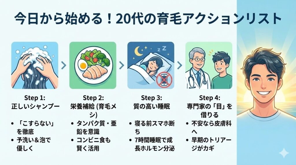 20代が今日から始めるべき育毛アクションリスト。正しい洗髪・栄養・睡眠のポイント