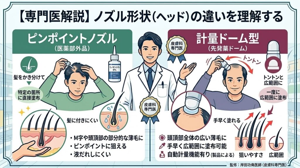 AGA市販薬（発毛剤）のノズル形状の比較：ピンポイントノズルと計量ドーム型の違い