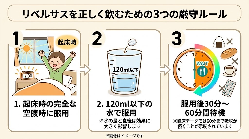 「リベルサスを正しく飲むための3つの厳守ルール」のステップ図。1「起床時の完全な空腹時に服用」、2「120ml以下の水で服用(水の量と食後は効果に大きく影響)」、3「服用後30分〜60分間待機(他の飲食や薬の服用を避ける)」の3つの手順をイラスト付きで分かりやすく解説している。
