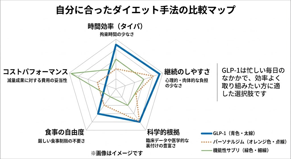 「自分に合ったダイエット手法の比較マップ」と題したレーダーチャート。「時間効率(タイパ)」「継続のしやすさ」「科学的根拠」「食事の自由度」「コストパフォーマンス」の5項目で比較。青色の太線で示されたGLP-1は、コストパフォーマンスを除く4項目で高い数値を記録しており、「GLP-1は忙しい毎日のなかで、効率よく取り組みたい方に適した選択肢です」と言及している。