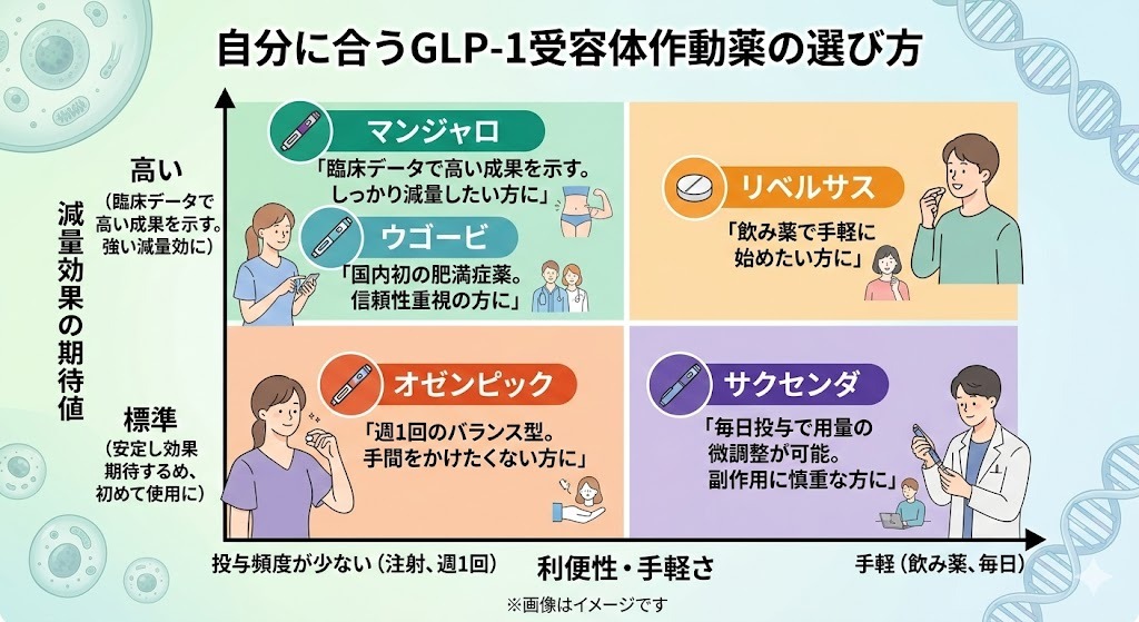 「自分に合うGLP-1受容体作動薬の選び方」のマトリクス図。縦軸に減量効果(高い・標準)、横軸に利便性・手軽さ(週1回注射・毎日飲み薬/注射)を配置。高い減量効果で週1回注射の「マンジャロ」「ウゴービ」、手軽な毎日服用の「リベルサス」、週1回注射のバランス型「オゼンピック」、毎日注射で微調整が可能な「サクセンダ」の特徴がまとめられている。