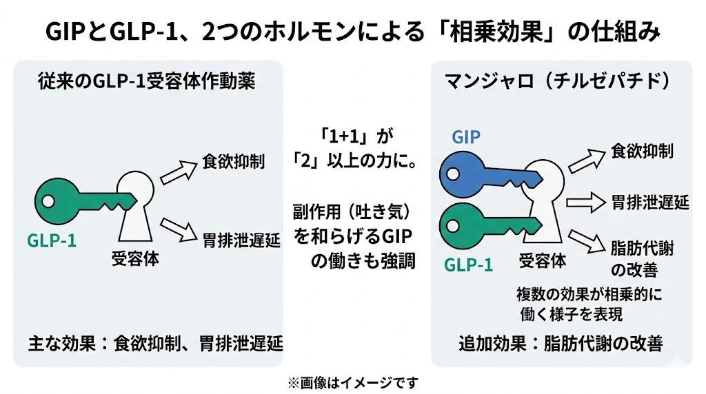 「GIPとGLP-1、2つのホルモンによる『相乗効果』の仕組み」の解説イラスト。左側は従来のGLP-1受容体作動薬の仕組み(食欲抑制・胃排泄遅延)を説明。右側はマンジャロ(チルゼパチド)の仕組みを説明しており、GIPとGLP-1の2つの鍵が受容体に作用することで「1+1が2以上」の相乗効果を生み出し、追加効果として「脂肪代謝の改善」や副作用の軽減をもたらす様子を表現している。