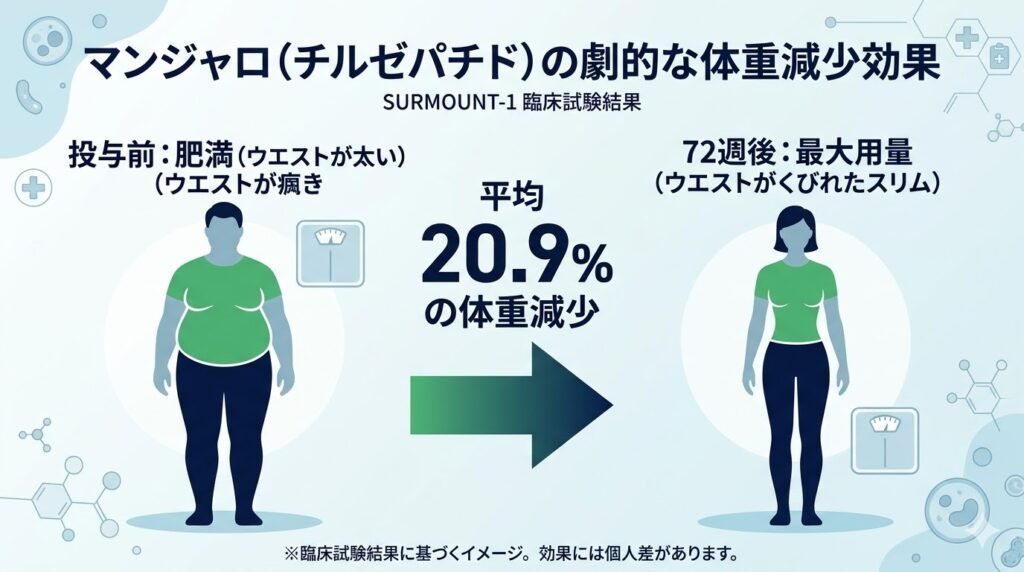 マンジャロ(チルゼパチド)72週間投与による劇的な体重減少効果のイメージ図(平均20.9%減)