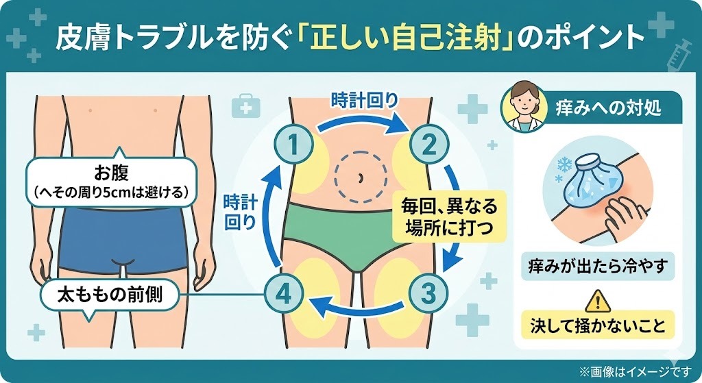 「皮膚トラブルを防ぐ『正しい自己注射』のポイント」のイラスト図解。注射部位として「お腹(へその周り5cmは避ける)」と「太ももの前側」が示され、①から④の部位へ時計回りに「毎回、異なる場所に打つ」ローテーション方法を解説。右側には痒みへの対処法として「痒みが出たら冷やす」「決して掻かないこと」という注意書きが添えられている。