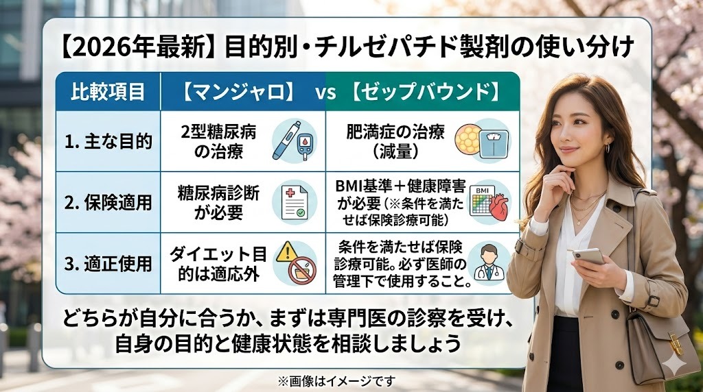 「【2026年最新】目的別・チルゼパチド製剤の使い分け」の比較表。マンジャロとゼップバウンドの違いを掲載。マンジャロは「2型糖尿病の治療」が目的で糖尿病診断が必要(ダイエット目的は適応外)。ゼップバウンドは「肥満症の治療(減量)」が目的で、BMI基準や健康障害などの条件を満たせば保険診療が可能であり、必ず医師の管理下で使用することが示されている。