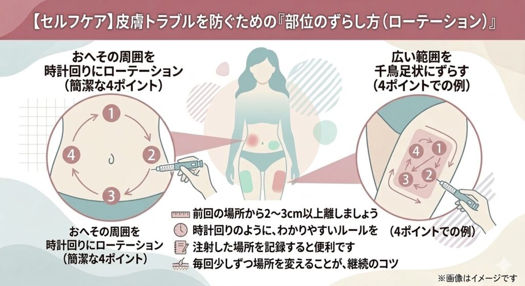 タイトル:【セルフケア】皮膚トラブルを防ぐための『部位のずらし方(ローテーション)』
自己注射の際に皮膚トラブルを防ぐための具体的な方法がイラストで解説されています。
お腹(おへその周囲): おへそを中心に、上・右・下・左の4ポイントを時計回りにローテーションする例。
太もも(広い範囲): 4つのポイントをジグザグに(千鳥足状に)ずらしていく例。
継続のコツ・ルール:
前回の場所から2〜3cm以上離す。
時計回りのように分かりやすいルールを決める。
注射した場所を記録(メモ)しておくと便利。
毎回少しずつ場所を変える。