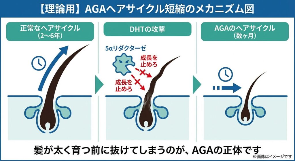 「【理論用】AGAヘアサイクル短縮のメカニズム図」と題された、髪の成長サイクルの変化を表した3ステップのイラスト。下部には「髪が太く育つ前に抜けてしまうのが、AGAの正体です」と記載されています。
ステップ1(左): 正常なヘアサイクル(2〜6年)。太く健康な髪がしっかり伸びている。
ステップ2(中央): DHTの攻撃。5αリダクターゼを模したキャラクターが「成長を止めろ」と毛根を攻撃している。
ステップ3(右): AGAのヘアサイクル(数ヶ月)。成長期が短縮され、細く短い髪のまま抜けてしまう状態。