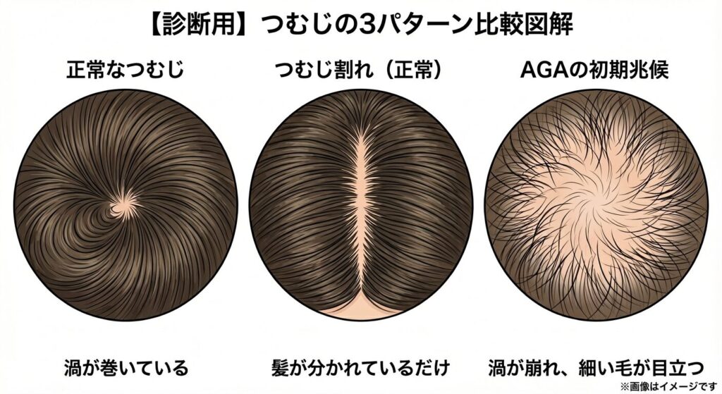 「【診断用】つむじの3パターン比較図解」と題された画像。頭頂部のイラストが3つ横に並んで比較されています。
正常なつむじ: 渦が綺麗に巻いている状態。
つむじ割れ(正常): 渦ではなく、髪が直線的に分かれているだけの状態。
AGAの初期兆候: 渦が崩れ、周囲に細い毛が目立つ状態。