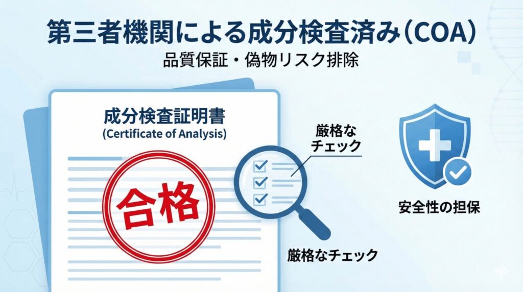 DMMオンラインクリニックのAGA治療薬における第三者機関成分検査（COA）と品質保証のイメージ