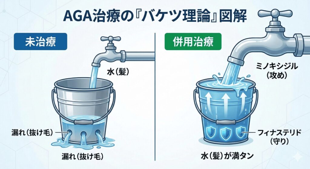 AGA治療のメカニズム図解：フィナステリド（守り）で抜け毛を防ぎミノキシジル（攻め）で発毛を促すバケツ理論のイメージ