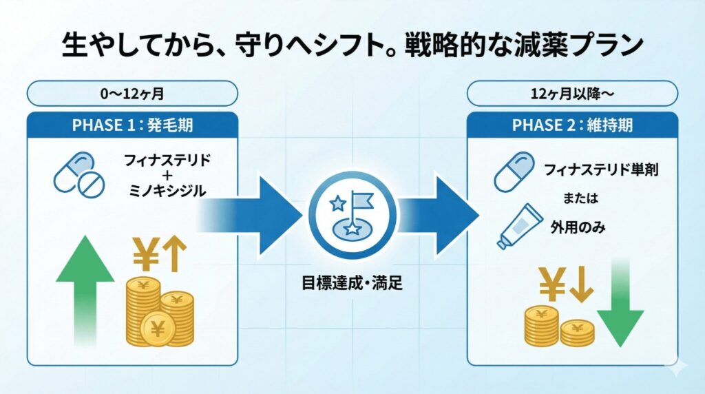AGA治療の出口戦略ロードマップ：発毛期から維持療法（減薬・フィナステリド単剤）への切り替えフロー図