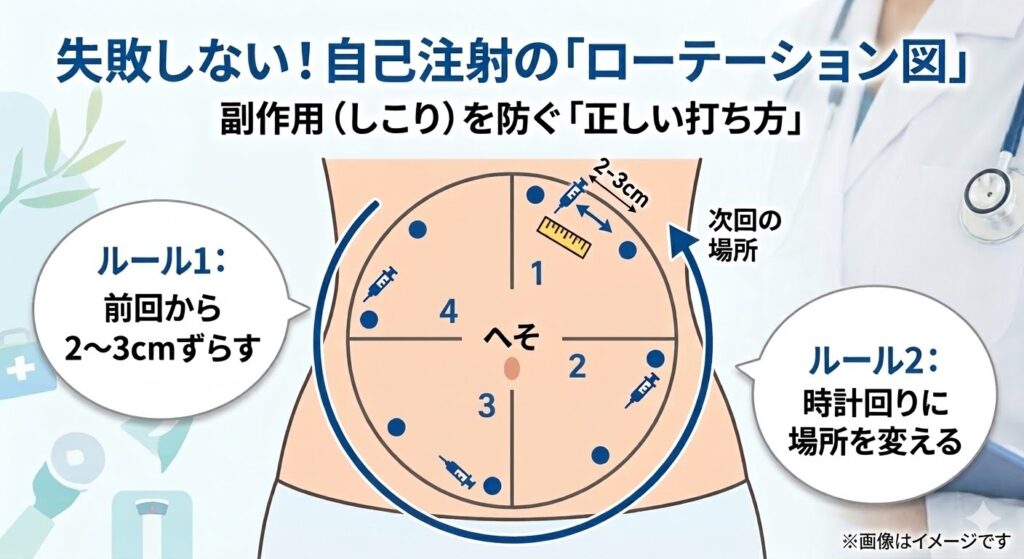 サクセンダ自己注射のローテーション図。しこりを防ぐ正しい打ち方として、おへそを中心に前回から2〜3cmずらし、時計回りに場所を変えるルールを説明するイラスト