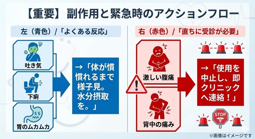 サクセンダの副作用と緊急時のアクションフロー。吐き気や下痢などの「よくある反応」は様子見と水分摂取、激しい腹痛や背中の痛みなど「直ちに受診が必要」な場合は使用を中止し即クリニックへ連絡することを説明する図