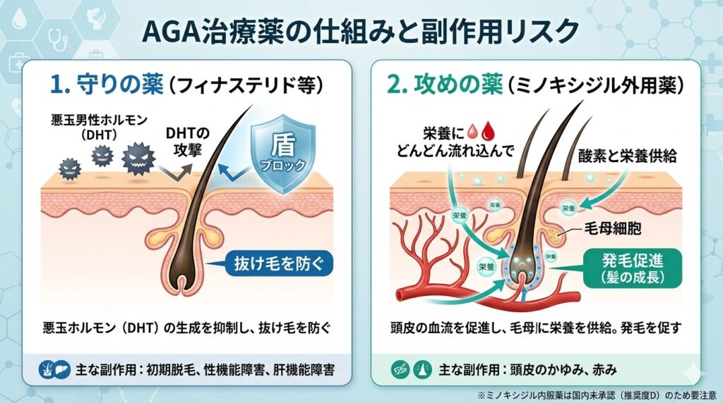 AGA治療薬の仕組みを図解:抜け毛を防ぐ守りの薬(フィナステリド)と、発毛を促す攻めの薬(ミノキシジル外用薬)の作用メカニズム