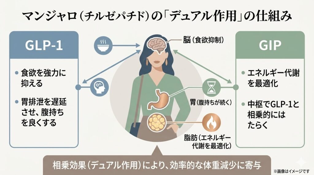 マンジャロ（チルゼパチド）の「デュアル作用」の仕組みを解説するインフォグラフィック。GLP-1（食欲抑制・胃排泄遅延）とGIP（エネルギー代謝の最適化・中枢でのGLP-1との相乗効果）の2つのアプローチが、脳・胃・脂肪に働きかけ、効率的な体重減少をサポートする仕組みを示しています。