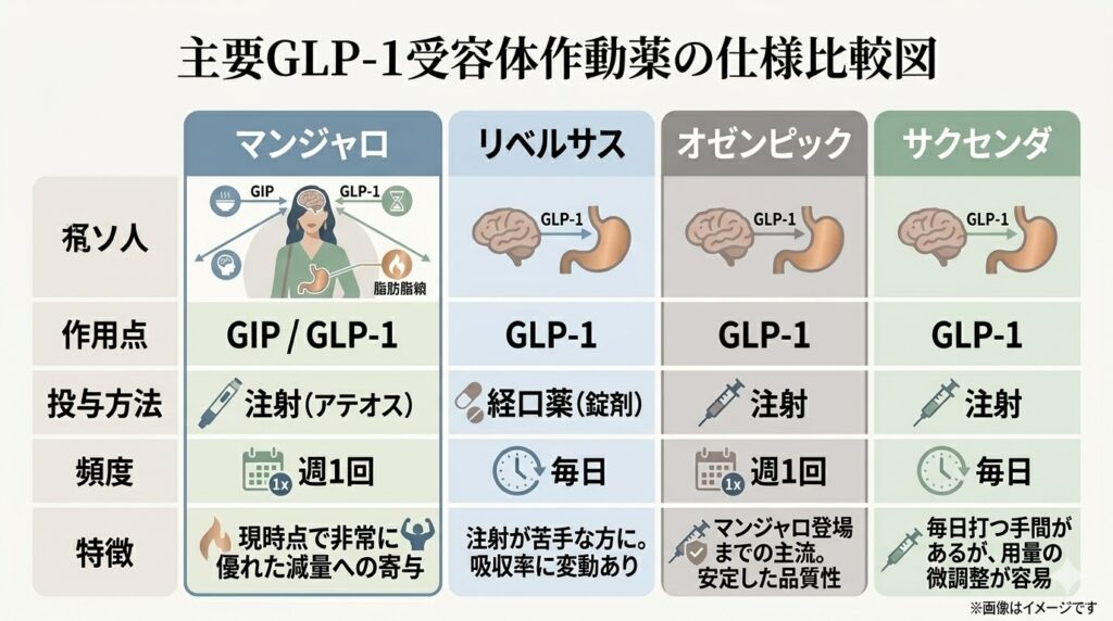 主要GLP-1受容体作動薬の仕様比較表。マンジャロ（GIP/GLP-1、週1回注射、高い減量効果）、リベルサス（GLP-1、毎日経口薬、注射が苦手な方向け）、オゼンピック（GLP-1、週1回注射、安定した品質性）、サクセンダ（GLP-1、毎日注射、用量微調整が容易）の4剤について、作用点・投与方法・頻度・特徴を比較しています。