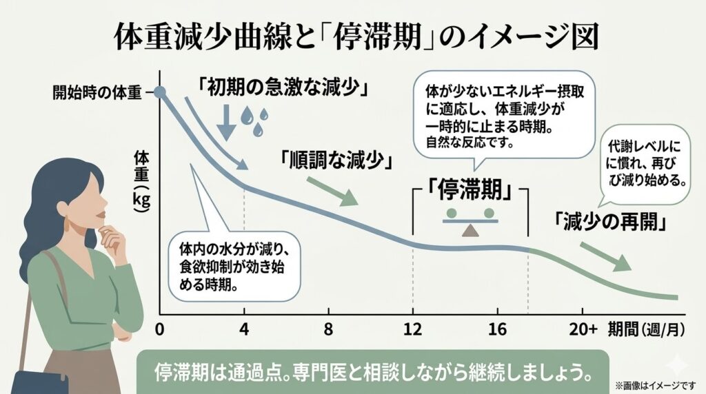 マンジャロ使用時の体重減少曲線と「停滞期」のイメージ図。横軸を期間、縦軸を体重としたグラフで、「初期の急激な減少」「順調な減少」「停滞期（体が少ないエネルギー摂取に適応し一時的に体重減少が止まる自然な反応）」「減少の再開（代謝レベルに慣れて再び減り始める）」という4つのフェーズを示し、停滞期は通過点であることを解説しています。