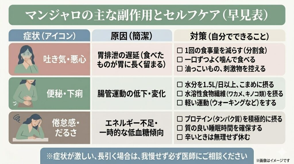 マンジャロの主な副作用とセルフケアの早見表。主な症状として「吐き気・悪心（原因：胃排泄の遅延／対策：分割食、よく噛む、油っこいものを控える）」「便秘・下痢（原因：腸管運動の低下・変化／対策：水分や食物繊維の摂取、軽い運動）」「倦怠感・だるさ（原因：エネルギー不足など／対策：プロテイン摂取、睡眠、休養）」の3つを、原因と自分でできる対策とともにまとめた表。