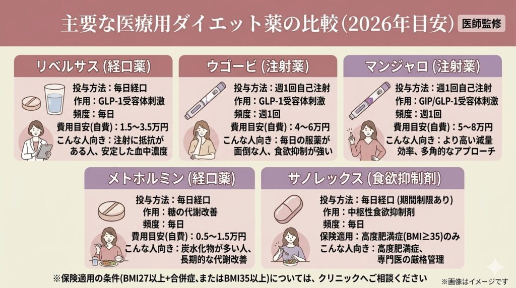 主要な医療用ダイエット薬の比較表(2026年目安、医師監修)。リベルサス、ウゴービ、マンジャロ、メトホルミン、サノレックスの5種類について、投与方法(経口・注射)、作用機序、費用目安(自費)、どんな人に向いているかをまとめた画像