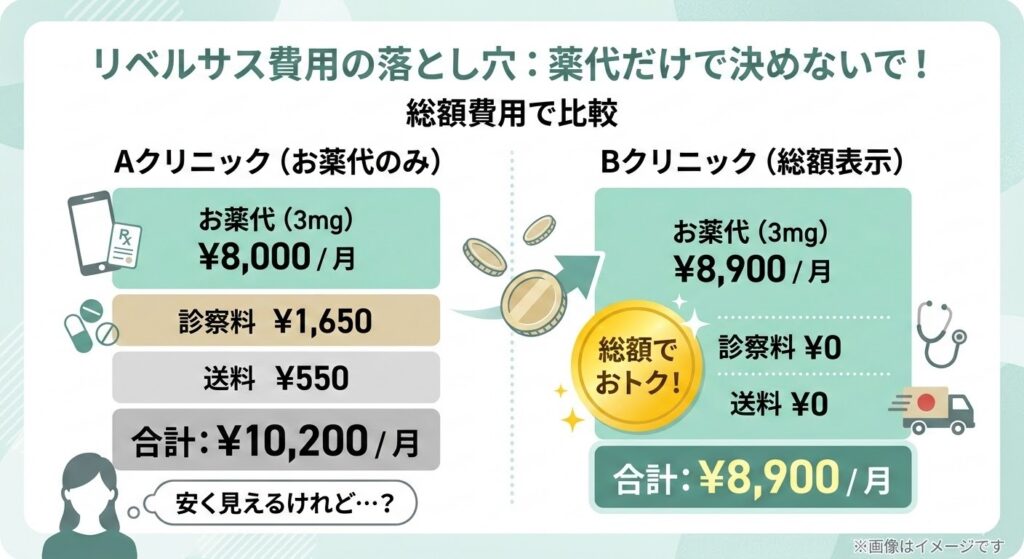 「リベルサス費用の落とし穴：薬代だけで決めないで！総額費用で比較」と題された比較用の図表。お薬代のみが安く見えても診察料や送料で合計10,200円/月になるAクリニックと、お薬代は少し高く見えるが診察料・送料0円で合計8,900円/月になり総額でお得になるBクリニックの料金内訳を比較しています。
