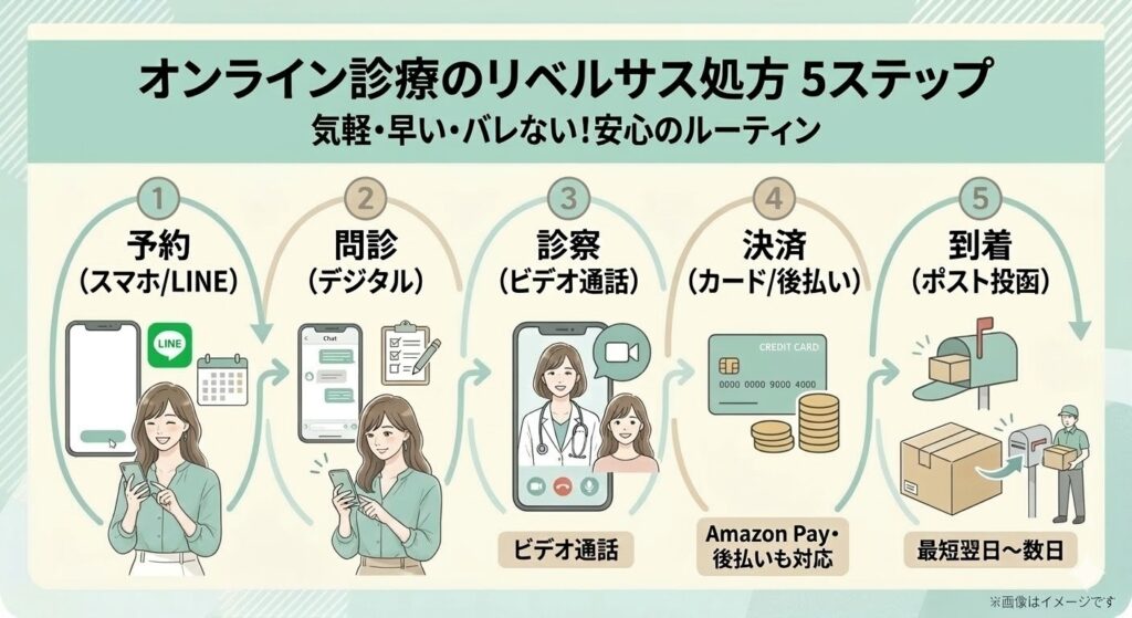 オンライン診療でリベルサスが処方されるまでの5つの手順を説明したインフォグラフィック。「気軽・早い・バレない！安心のルーティン」として、1.予約（スマホ/LINE）、2.問診（デジタル）、3.診察（ビデオ通話）、4.決済（カード/後払い・Amazon Pay対応）、5.到着（ポスト投函・最短翌日〜数日）の流れがイラスト付きで描かれています。