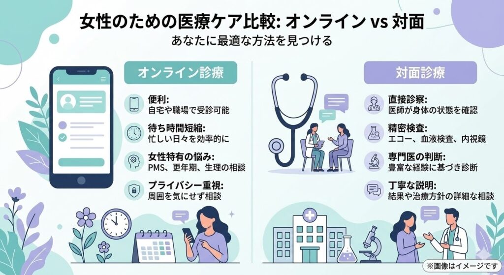 オンライン診療(便利、待ち時間短縮、女性特有の悩み、プライバシー重視)と、対面診療(直接診察、精密検査、専門医の判断、丁寧な説明)のメリットを比較したインフォグラフィック
