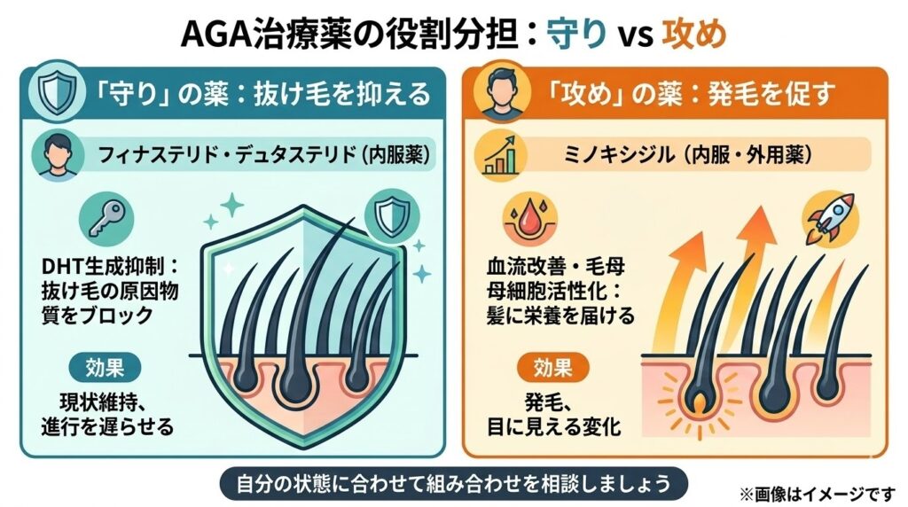 AGA治療薬の役割分担の解説図。抜け毛を抑える「守り」の薬（フィナステリドなど）と、発毛を促す「攻め」の薬（ミノキシジル）の特徴を比較しています。
