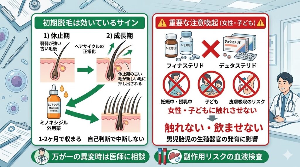 AGA治療薬の副作用（初期脱毛のメカニズム）と、女性・子供への接触禁忌を図解したインフォグラフィック
