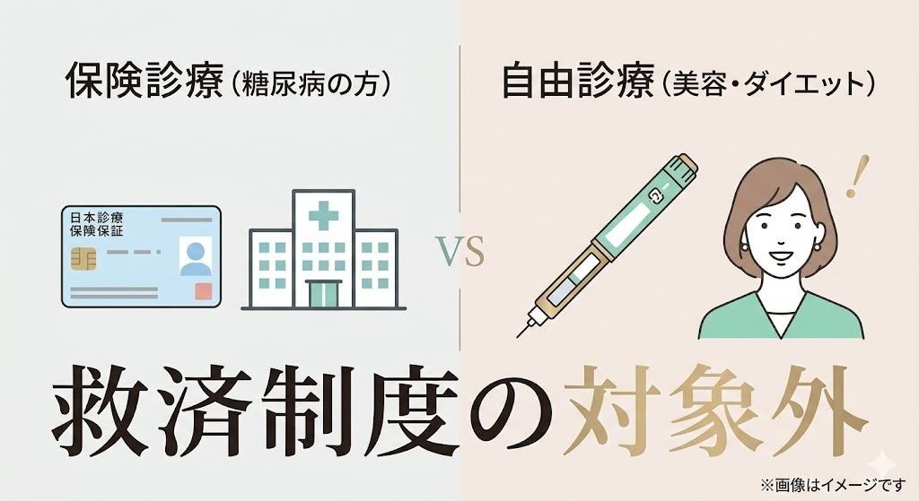 医療制度の比較図。左側には「保険診療(糖尿病の方)」と健康保険証・病院のイラスト。右側には「自由診療(美容・ダイエット)」と注射ペン・女性のイラストがあり、自由診療側には大きく「救済制度の対象外」と注意書きがされています。