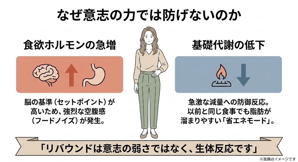 リバウンドが意志の力では防げない理由を解説する図解。食欲ホルモンの急増と基礎代謝の低下という生体反応について説明しています。