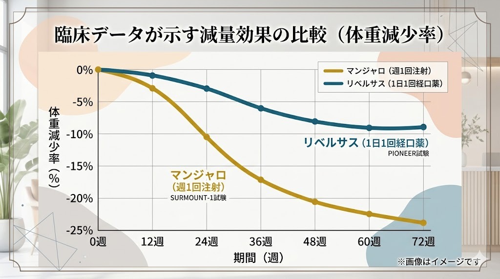 臨床データが示す体重減少率の比較グラフ。72週間において、リベルサス(1日1回経口薬)が約マイナス9%、マンジャロ(週1回注射)が約マイナス24%の減量効果を示している折れ線グラフ。