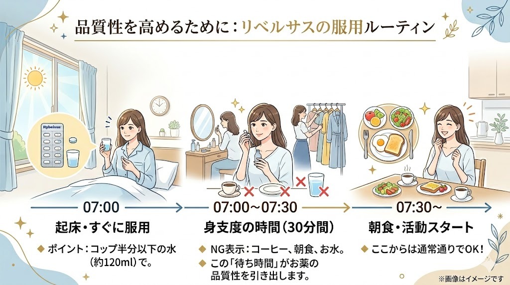 リベルサスの服用ルーティン解説図。7:00起床時にコップ半分以下の水で服用、その後30分間は飲食を控える待ち時間、7:30以降に朝食・活動スタートという流れのイラスト。